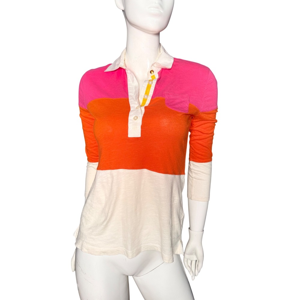 Vintage Tommy Hilfiger Pink Orange Colorblock Polo Shirt Long Sleeve   Size smal